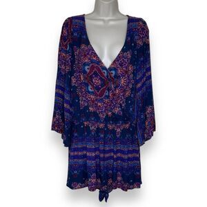 American Eagle Shorts Romper Boho Bell Sleeve Purple Blue Wrap Neck Women Large